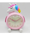 Tradineur - Reloj despertador infantil analógico de plástico, incluye luz y función snooze, botón de apagado, funcionamiento con 2 pilas AA, niños, decoración (Unicornio, 16 x 14 cm)