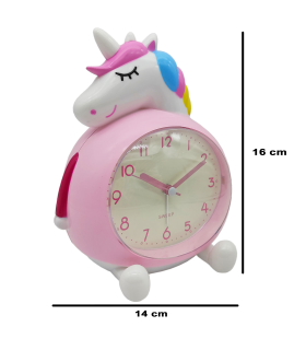 Tradineur - Reloj despertador infantil analógico de plástico, incluye luz y función snooze, botón de apagado, funcionamiento con 2 pilas AA, niños, decoración (Unicornio, 16 x 14 cm)