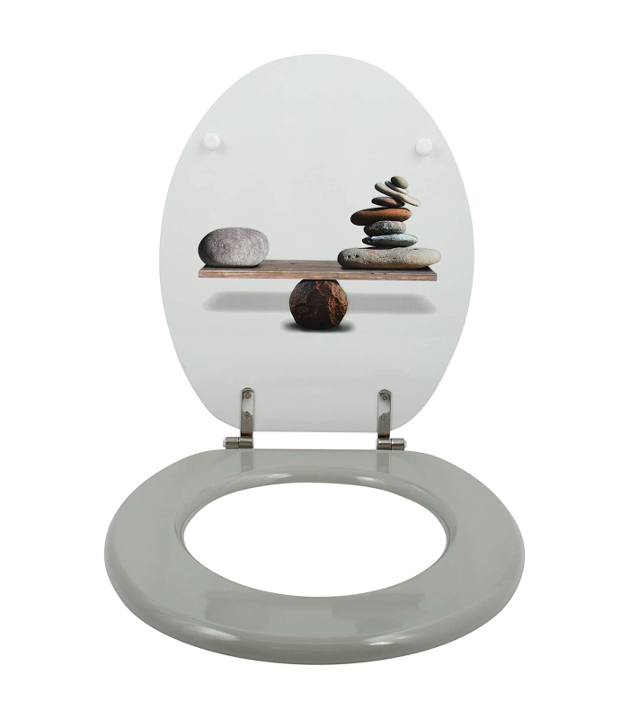 Tradineur - Tapa de WC universal decorada con piedras, asiento de madera MDF para inodoro, bisagras de acero inoxidable, fácil de colocar y limpiar (Spirit, 43,6 x 37,6 x 1,6 cm)