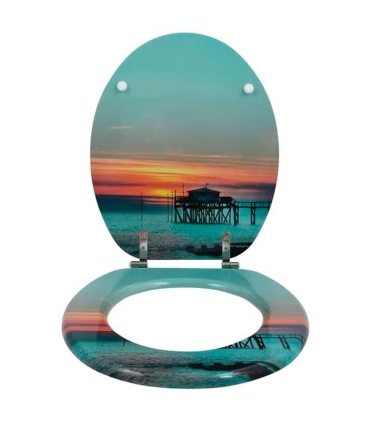 Tradineur - Tapa de WC universal decorada con puesta de sol, asiento de madera MDF para inodoro, bisagras de acero inoxidable, fácil de colocar y limpiar (Sunset, 43,6 x 37,6 x 1,6 cm)