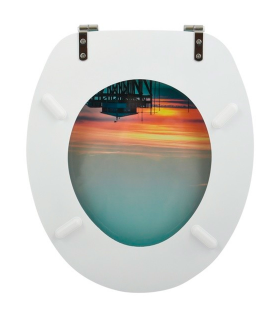 Tradineur - Tapa de WC universal decorada con puesta de sol, asiento de madera MDF para inodoro, bisagras de acero inoxidable, fácil de colocar y limpiar (Sunset, 43,6 x 37,6 x 1,6 cm)