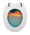 Tradineur - Tapa de WC universal decorada con puesta de sol, asiento de madera MDF para inodoro, bisagras de acero inoxidable, fácil de colocar y limpiar (Sunset, 43,6 x 37,6 x 1,6 cm)