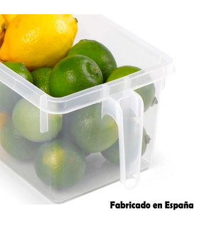 Tradineur - Cajón organizador reutilizable para frigorífico, recipiente de plástico transparente con asa para almacenar fruta, verdura, apto para lavavajillas, fabricado en España, 12 x 15 x 29 cm