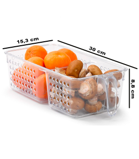 Tradineur - Cajón organizador para frigorífico reutilizable, 2 compartimentos, recipiente de plástico transparente con agujeros y asa, almacenar fruta, verdura, fabricado en España, 8,8 x 15,3 x 30 cm