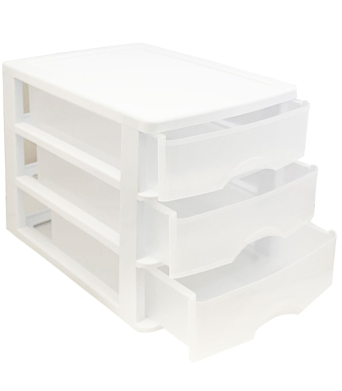 Tradineur - Cajonera "turia" de sobremesa 3 cajones de color blanco de 17 x 13,5 x 17 cm, Cajonera plástico 3 cajones para mesa multiusos para almacenamiento y organización ideal para oficina.