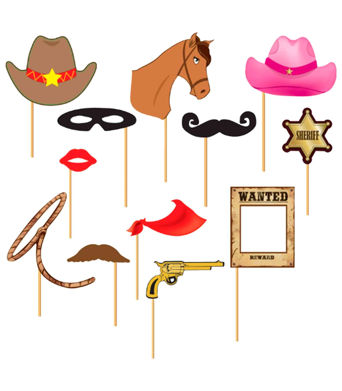 Tradineur - Kit de 12 piezas de Photocall de fiesta - Incluye sombrero vaquero, placa de sheriff, cartel de "SE BUSCA", cabeza de caballo y mucho más.