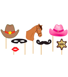 Tradineur - Kit de 12 piezas de Photocall de fiesta - Incluye sombrero vaquero, placa de sheriff, cartel de "SE BUSCA", cabeza de caballo y mucho más.