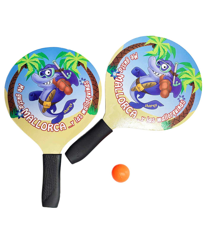 Set de 2 palas de playa con pelota, de 35,5 x 22,5 cm, con empuñadura de goma para mayor confort, Pack de 2 raquetas de playa con dibujo tiburón. Juego de 2 palas y pelota para todas las edades