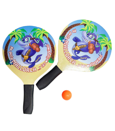 Set de 2 palas de playa con pelota, de 35,5 x 22,5 cm, con empuñadura de goma para mayor confort, Pack de 2 raquetas de playa con dibujo tiburón. Juego de 2 palas y pelota para todas las edades