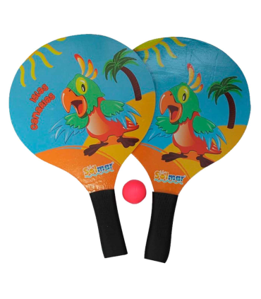 Tradineur - Set de 2 palas de playa con diseño de loro, incluye pelota, empuñadura de goma, Para todas las edades. 37 x 24 cm.