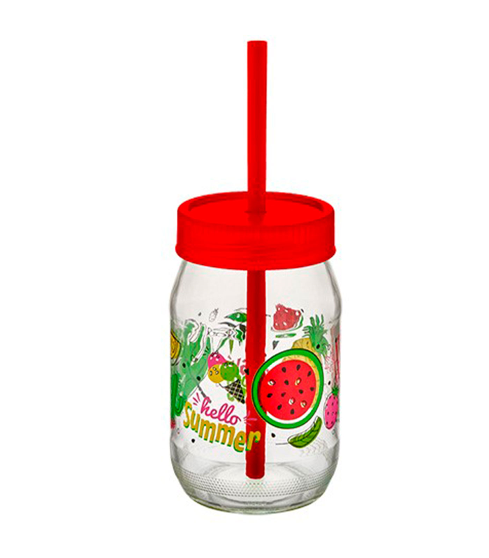 Tradineur - Tarro de vidrio decorado Smoothy, incluye pajita y tapa, reutilizable, servir bebidas, refrescos, limonada, zumo, fiestas, regalos, 370 ml, color y diseño aleatorios