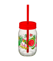 Tradineur - Tarro de vidrio decorado Smoothy, incluye pajita y tapa, reutilizable, servir bebidas, refrescos, limonada, zumo, fiestas, regalos, 370 ml, color y diseño aleatorios