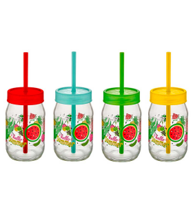 Tradineur - Tarro de vidrio decorado Smoothy, incluye pajita y tapa, reutilizable, servir bebidas, refrescos, limonada, zumo, fiestas, regalos, 370 ml, color y diseño aleatorios