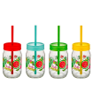 Tradineur - Tarro de vidrio decorado Smoothy, incluye pajita y tapa, reutilizable, servir bebidas, refrescos, limonada, zumo, fiestas, regalos, 370 ml, color y diseño aleatorios