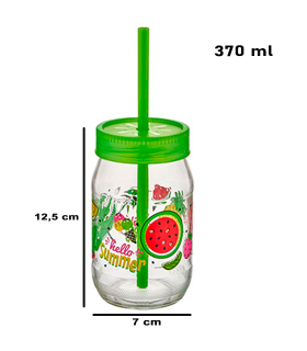 Tradineur - Tarro de vidrio decorado Smoothy, incluye pajita y tapa, reutilizable, servir bebidas, refrescos, limonada, zumo, fiestas, regalos, 370 ml, color y diseño aleatorios