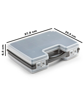 Tradineur - Maletín organizador doble con 21 compartimentos y asa, polipropileno, almacenamiento de herramientas, tornillos, accesorios pesca, fabricado en España (Negro, 20,5 x 27,5 x 6,5 cm)