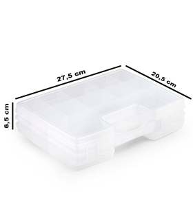 Tradineur - Maletín organizador doble con asa y 21 compartimentos, polipropileno, almacenamiento de herramientas, tornillos, accesorios pesca, fabricado en España (Transparente, 20,5 x 27,5 x 6,5 cm)