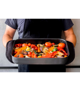 Tradineur - Bandeja rectangular para hornos con asas - Superficie Antiadherente - Rustidera de cocina, cocinar y servir - 7 x 28 x 40 cm