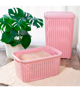 Tradineur - Cesta de plástico "Rattan" con asas, recipiente para la colada, diseño imitación de mimbre, lavandería, hogar, fabricada en España (Rosa Palo, 35 litros, 26,5 x 53,5 x 36 cm)