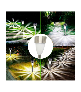 Tradineur - Antorcha de jardín de acero inoxidable y plástico, luz solar, lámpara solar recargable para césped, patio, paseos, decoración exterior (Gris, 25 x 5,3 cm)