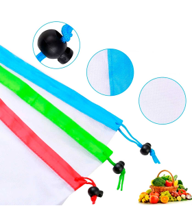 Tradineur - Pack de 3 bolsas de malla reutilizables para frutas, verduras, lavables, ecológicas, almacenamiento, compras, viajes (Rojo 30 x 21 cm + Azul 30 x 36 cm + Verde 30 x 42 cm)