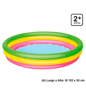 Tradineur - Piscina hinchable infantil con 3 anillos de colores, suelo suave y parche de reparación, inflables de verano (221 litros, 152 x 30 cm)