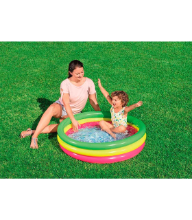 Tradineur - Piscina hinchable infantil con 3 anillos de colores, suelo suave y parche de reparación, inflables de verano (221 litros, 152 x 30 cm)