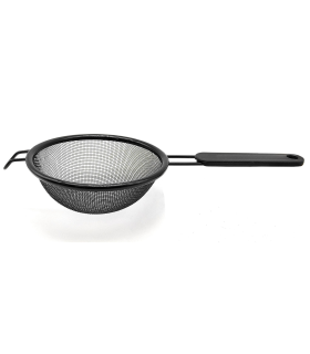 Tradineur - Colador de malla fina antiadherente, incluye mango de metal recubierto de plástico, colar harina, pasta, té, apto para lavavajillas (Negro, Ø 18 cm)