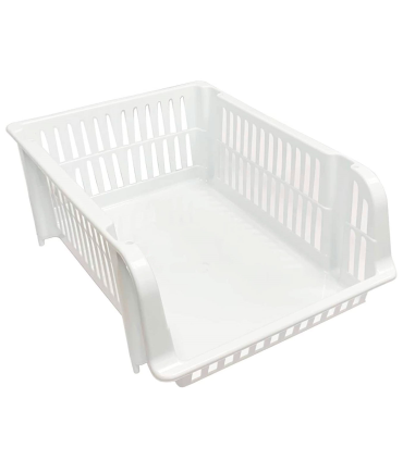 Tradineur - Cesta apilable de plástico, expositor, estante portaobjetos, organizador de frutas, verdura, ropa, cocina, baño (Blanco, 43 x 32 x 16,5 cm)