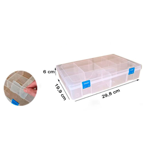 Tradineur - Caja organizadora multiusos con separadores, 10 compartimentos, plástico, almacenaje de tornillos, tuercas, accesorios pesca, 6 x 29,8 x 19,9 cm