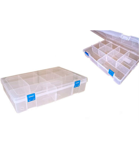 Tradineur - Caja organizadora multiusos con separadores, 10 compartimentos, plástico, almacenaje de tornillos, tuercas, accesorios pesca, 6 x 29,8 x 19,9 cm