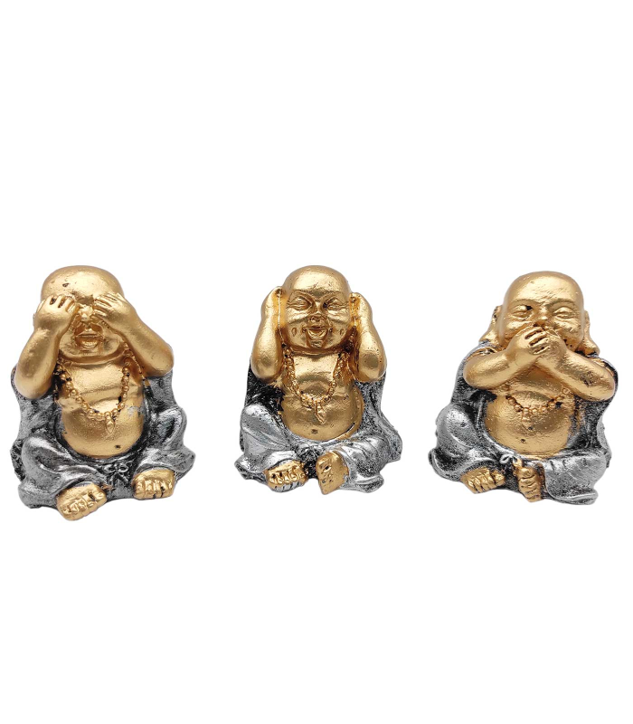 Tradineur - Set de 3 Budas decorativos, monjes ciego, sordo y mudo, figuras de resina, adornos, regalo original, meditación, relajación, ambiente zen, 6 cm