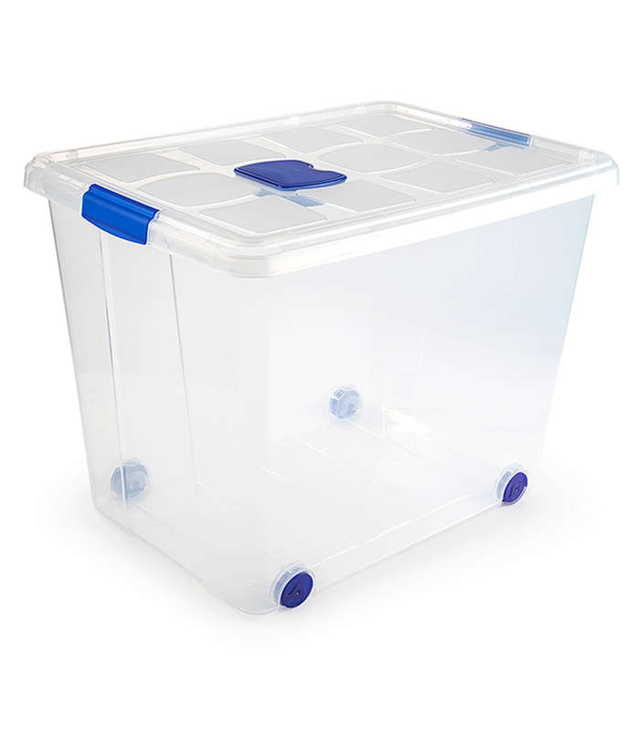 Caja de plastico transparente de almacenamiento con tapa y ruedas nº 8 con 86 litros de capacidad 46.5 x 44 x 61.5 cm