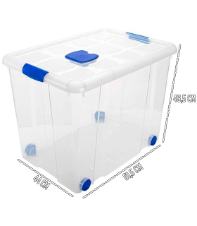 Caja de plastico transparente de almacenamiento con tapa y ruedas nº 8 con 86 litros de capacidad 46.5 x 44 x 61.5 cm