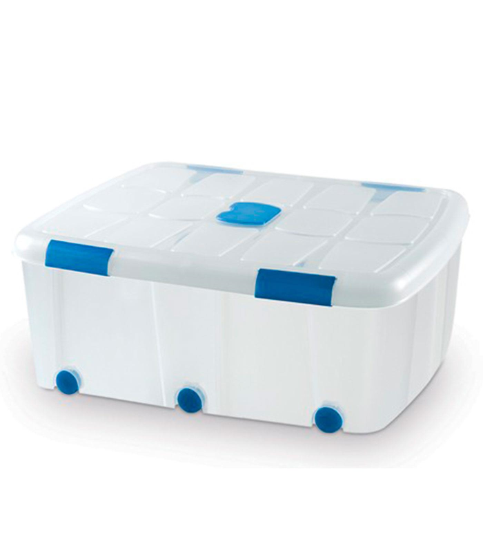 Tradineur - Caja de plástico transparente de 32,5 x 77 x 59 cm, con capacidad de 100 litros, Contenedor de plástico para almacenamiento con tapa y ruedas válida para interior e exterior.