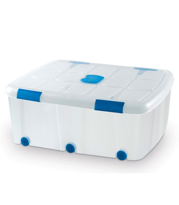 Tradineur - Caja de plástico transparente de 32,5 x 77 x 59 cm, con capacidad de 100 litros, Contenedor de plástico para almacenamiento con tapa y ruedas válida para interior e exterior.