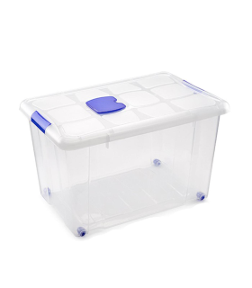 Caja de plástico transparente de 35,5 x 58 x 39 cm, con capacidad de 55 litros, Contenedor de plástico para almacenamiento con tapa y ruedas válida para interior y exterior.