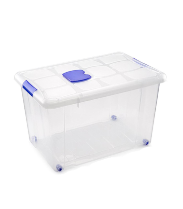 Caja de plástico transparente de 35,5 x 58 x 39 cm, con capacidad de 55 litros, Contenedor de plástico para almacenamiento con tapa y ruedas válida para interior y exterior.