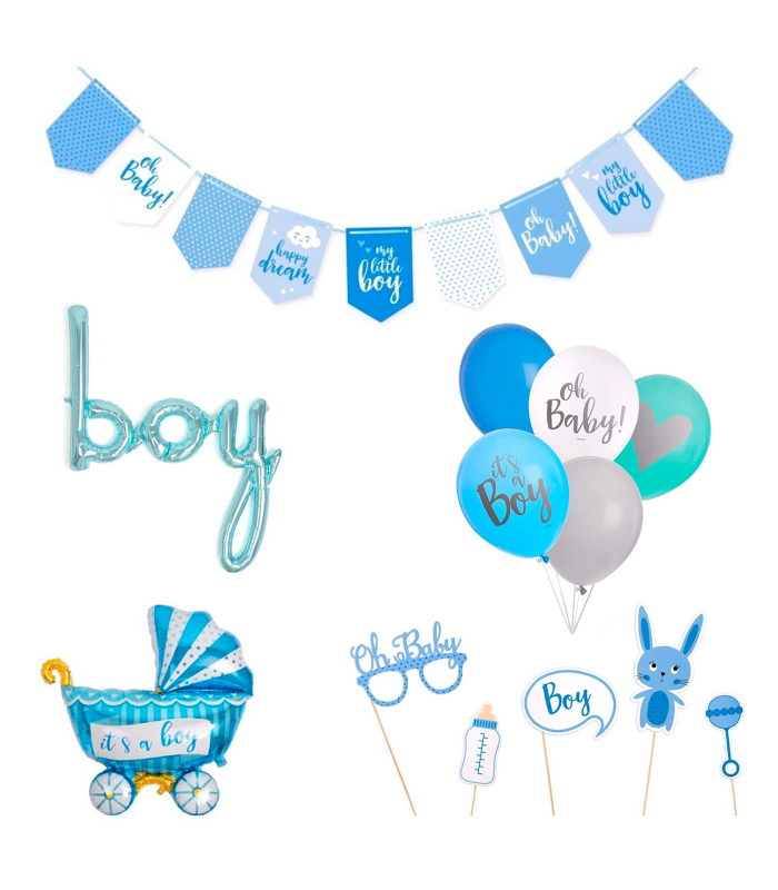 Tradineur - Set de baby shower, decoración fiesta de bebé, incluye 2 guirnaldas, globos y accesorios de photocall, revelación de género, nacimiento (Niño, Azul, 5 artículos)