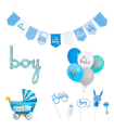 Tradineur - Set de baby shower, decoración fiesta de bebé, incluye 2 guirnaldas, globos y accesorios de photocall, revelación de género, nacimiento (Niño, Azul, 5 artículos)