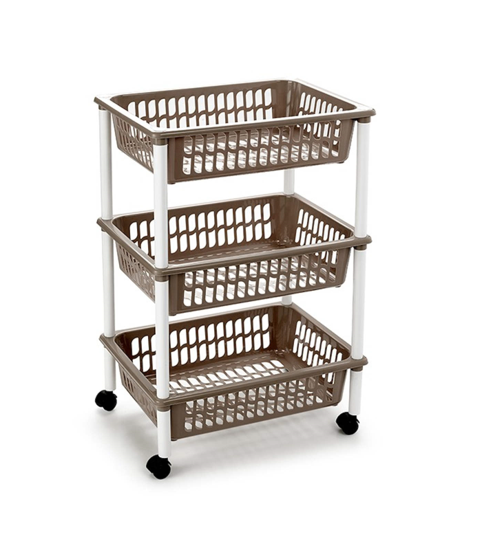 Tradineur - Carro verdulero marron topo modelo PLFT con ruedas 3 cestas 40 x 30 x 61,5 cm . Carrito portaobjetos estantes multiusos para organizar los espacios domésticos