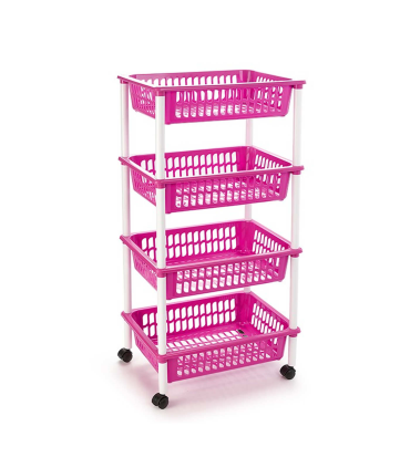 Tradineur -  Carro verdulero rosa modelo PLFT con ruedas 4 cestas 85 x 40 x 30 cm . Carrito portaobjetos estantes multiusos para organizar los espacios domésticos