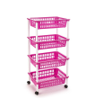 Tradineur -  Carro verdulero rosa modelo PLFT con ruedas 4 cestas 85 x 40 x 30 cm . Carrito portaobjetos estantes multiusos para organizar los espacios domésticos