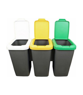 Cubo de basura para reciclaje plástico gris, Set 3 papeleras de reciclaje 75 Litros, 47,5  x 77  x 33  cm