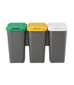 Cubo de basura para reciclaje plástico gris, Set 3 papeleras de reciclaje 75 Litros, 47,5  x 77  x 33  cm