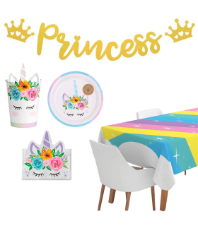 Tradineur - Set de decoración para cumpleaños, incluye guirnalda de princesa, mantel arcoiris y platos, vasos y servilletas de unicornio, fiestas, celebraciones infantiles (Niña, 5 artículos)