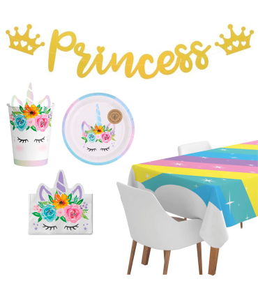 Tradineur - Set de decoración para cumpleaños, incluye guirnalda de princesa, mantel arcoiris y platos, vasos y servilletas de unicornio, fiestas, celebraciones infantiles (Niña, 5 artículos)