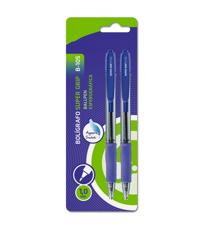 Tradineur - Pack de 2 bolígrafos con punta de bola de 1 mm y grip ergonómico, tinta líquida, escritura suave y precisa, uso escolar, oficinas, color aleatorio