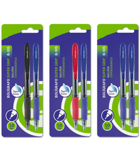 Tradineur - Pack de 2 bolígrafos con punta de bola de 1 mm y grip ergonómico, tinta líquida, escritura suave y precisa, uso escolar, oficinas, color aleatorio