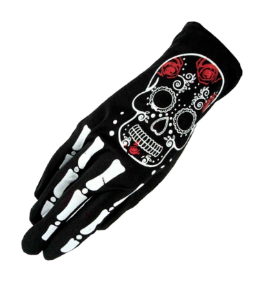 Tradineur - Guantes cortos con diseño de calavera mexicana- Fabricación 100% poliéster - Complementos de disfraz, carnaval, halloween, cosplay, fiestas. - Color Negro